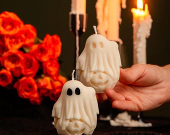 Pumpkin Ghost Candle: Handmade Soy Wax Spooky Halloween Decor