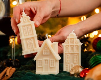 Handmade Soy Wax House Candle Set: Rustic Christmas Decor