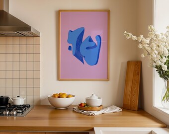 Impresión de arte abstracto, arte mural, arte pop, minimalista moderno, llamativo, rosa y azul, descarga digital