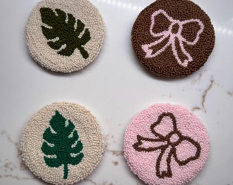 Leaf & Bowtie Punch Needle Coaster - Handmade Drink Coaster, Coffee and Tea Coaster, Tufted Mug Rug, Home Decor, Dorm Decor, Cute Gift