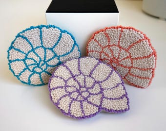 Spiral Shell Punch Needle Coaster - Handmade Coaster, Coffee Coaster, Tufted Mug Rug, Beach Home Decor, Cute Gift, Dorm Decor, Summer Vibe