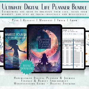 May include: A digital planner bundle with a watercolor background featuring a moon and crystals. The bundle includes a 7-day manifestation guide, a digital planner and journal, a finance and budget spreadsheet, and digital stickers. The text "MANIFEST YOUR DREAMS" is visible on one of the planner pages.