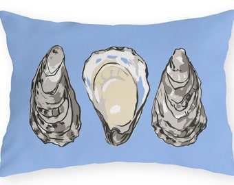 Outdoor Pillow, Sea Foam Collection, Oysters On Periwinkle Lumbar