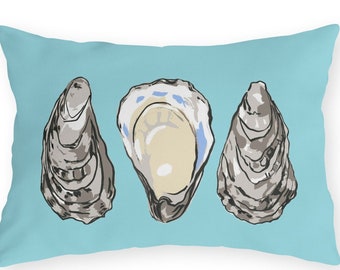 Outdoor Pillow, Sea Foam Collection, Oysters On Aqua Lumbar
