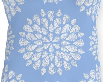 Oyster Mandala Periwinkle Blue and White, Seashells Coastal, Beach Outdoor Pillow, Pastel Blue Reversible Square 20"