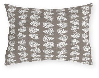Oysters on Taupe Lumbar Outdoor Pillow, Marsh Grass Reverse