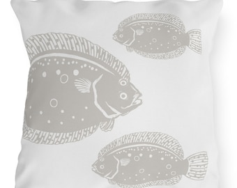 Neutral Flounder Outdoor Pillow, Sea Foam Collection, 20"x20", warm gray and white