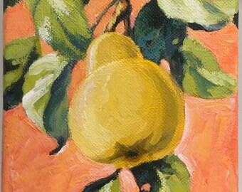 Pear on Coral, Original Acrylic Painting On Canvas