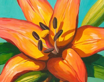 "Coral Lilies", Original Acrylic Painting On Canvas, 24"x36"