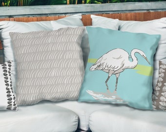 Outdoor Pillow, Sea Foam Collection, Egret On Aqua