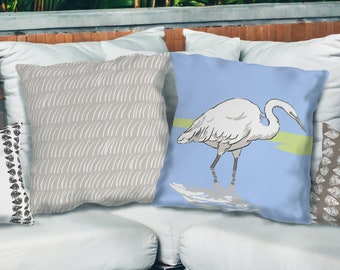 Outdoor Pillow, Sea Foam Collection, Egret on Periwinkle