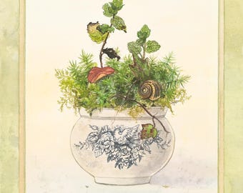 Mint In A Bowl, Original Watercolor Painting On Paper, Framed