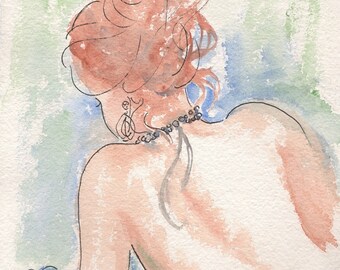 Woman Wearing Necklace, Original Watercolor Painting On Handmade Paper, 9 1/2"x12"