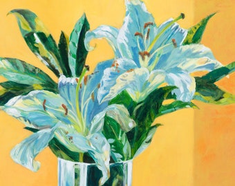 White Lilies, Original Painting Acrylic on Canvas. 36"x36"