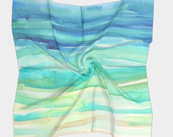 Watercolors Blue Green Aqua Teal 100% Silk Habotai Scarf 36" by 36" Square