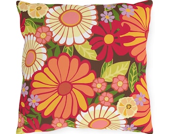 18" Groovy Flowers Indoor/ Outdoor Pillows, Fun Flowers on Chocolate Brown