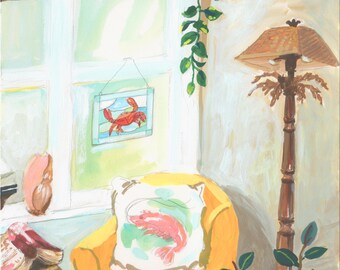Original Painting, Acrylic Gouache on Paper, "Beach Vibes on the Porch", 8"x8"