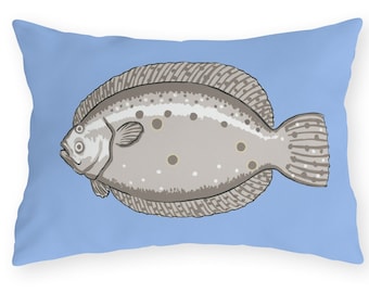 Outdoor Pillow, Sea Foam Collection, Flounder On Periwinkle Lumbar