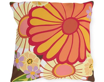18" Groovy Flowers Outdoor Pillows, Fun Flowers on Chocolate Brown