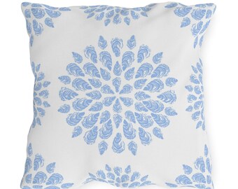 Outdoor Pillow, Sea Foam Collection, Oyster Mandala On Periwinkle Blue