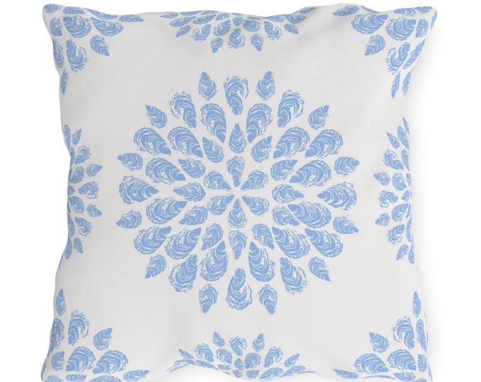 Featured listing image: Outdoor Pillow, Sea Foam Collection, Oyster Mandala On Periwinkle Blue