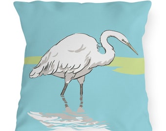 Outdoor Pillow, Sea Foam Collection, Egret On Aqua