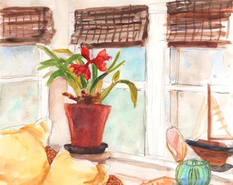 Amaryllis in the Porch, Original Art, Watercolor on Paper