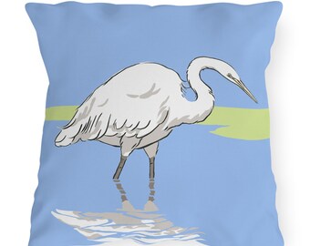 Outdoor Pillow, Sea Foam Collection, Egret on Periwinkle