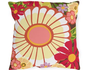 18" Groovy Flowers Indoor/ Outdoor Pillows, Fun Flowers on Chocolate Brown