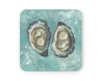 Corkwood Coaster Set, "Eastern Oysters III", seashells coastal beach house seafood east coast blue turquoise white grey raw bar