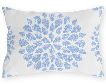 Outdoor Pillow, Sea Foam Collection, Oyster Mandala On Periwinkle