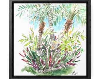 Florida Palm Trees Art, Framed Print On Canvas, Tropical Watercolor Painting Print
