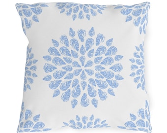 Oyster Mandala Periwinkle Blue and White Indoor Outdoor Pillow, Reversible Square 18"