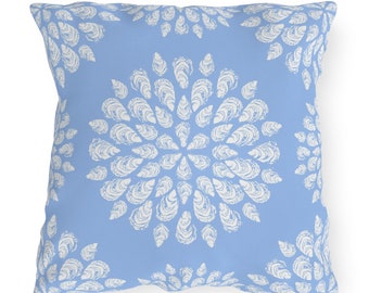 Outdoor Pillow, Sea Foam Collection, Oyster Mandala On Periwinkle Blue