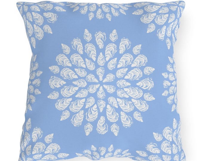Featured listing image: Outdoor Pillow, Sea Foam Collection, Oyster Mandala On Periwinkle Blue