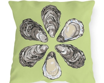 Outdoor Pillow, Sea Foam Collection, Oysters On Pistachio Green