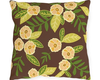 Groovy Flowers Peach on Brown Indoor Outdoor Pillows, 16"