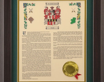 Coat of Arms & Family Name History with Dark Wood Frame and Green Matting - All Nationalities Available