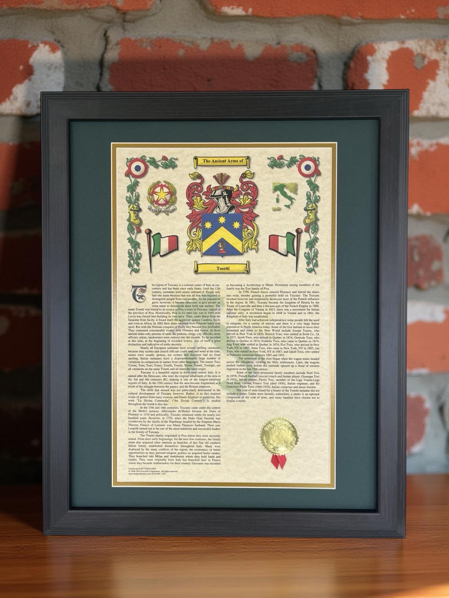 Italian Family Crest & Surname History Genealogy Framed Print With
