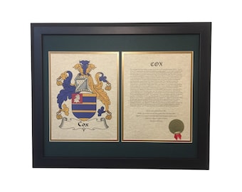 Coat of Arms & Family Name History with Green Matting in Dark Wood or Gold Frame 16x20 Inches - All Nationalities Available