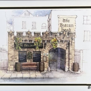 Op de afbeelding: Een aquarel van een pub genaamd "The Brazen Head" met een stenen gevel en een houten deur. De pub heeft een bord boven de deur met de tekst "The Brazen Head". Er staan twee vaten voor de pub en een bank.
