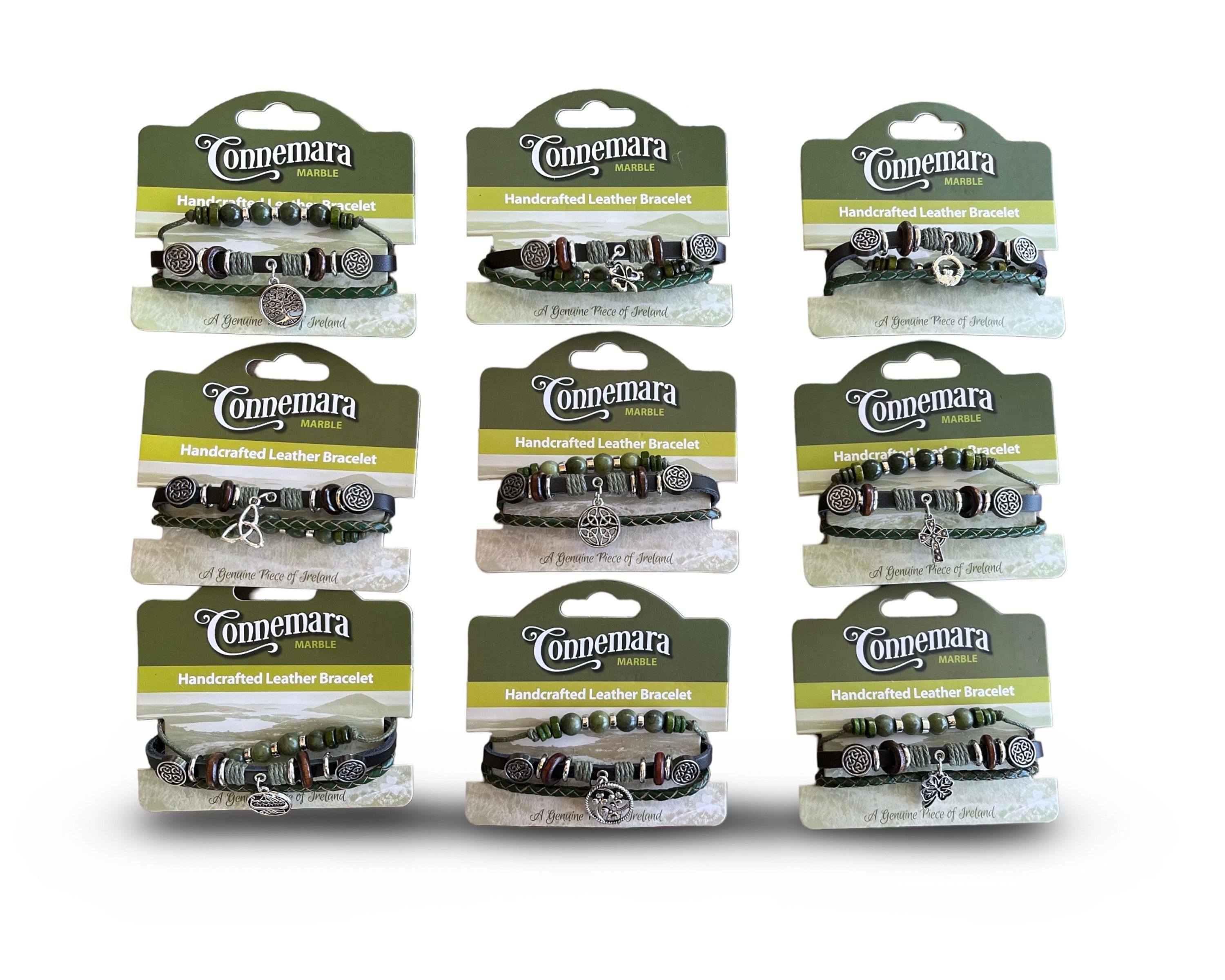 Connemara-Lederarmband mit Baum des Lebens – Kleeblatt – Dreifaltigkeit – Keltisches Kreuz – Wikingerschiff – Claddagh – Charm