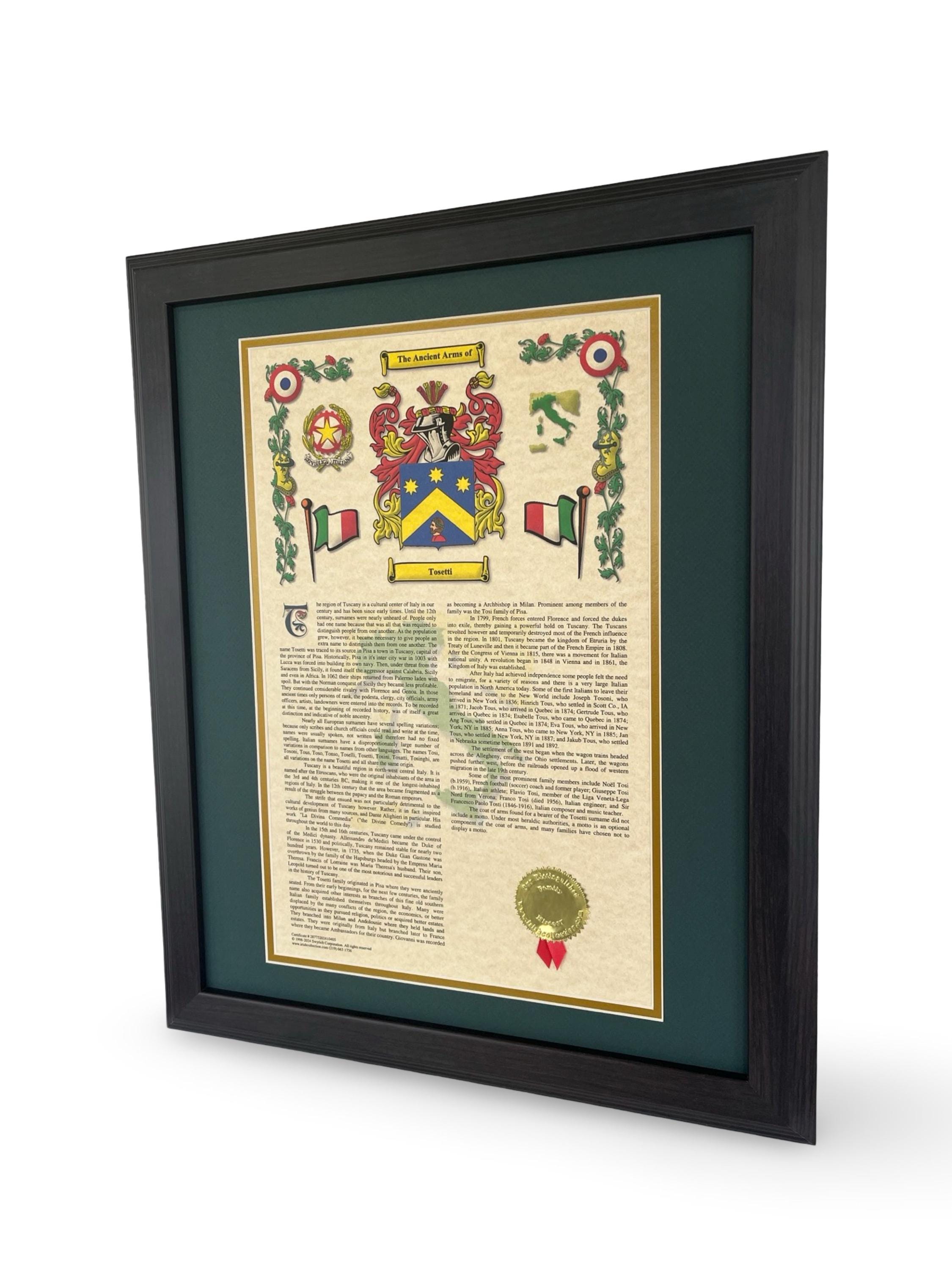 Italian Family Crest & Surname History Genealogy Framed Print With