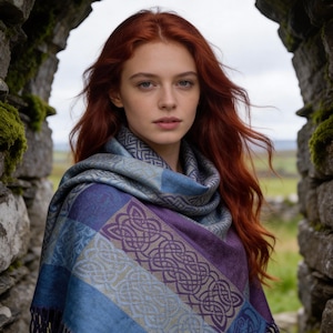Rathlin Celtic Woven Pashmina Scarf in Purple | Irish Made Ladies Shawl Gift SC#3
