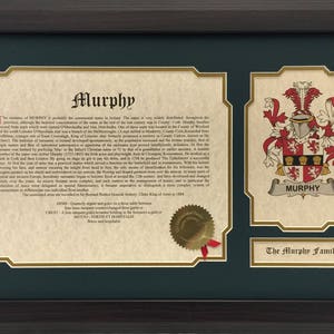 Coat of Arms & Family Name History with 12x20 Inch Dark Wood or Gold Frame and Green Matting - All Nationalities Available