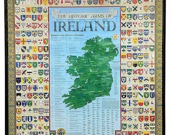 Historic Arms of Ireland Poster - Vintage Irish Coat Family Crests Map, Traditional Heraldry Wall Art Print