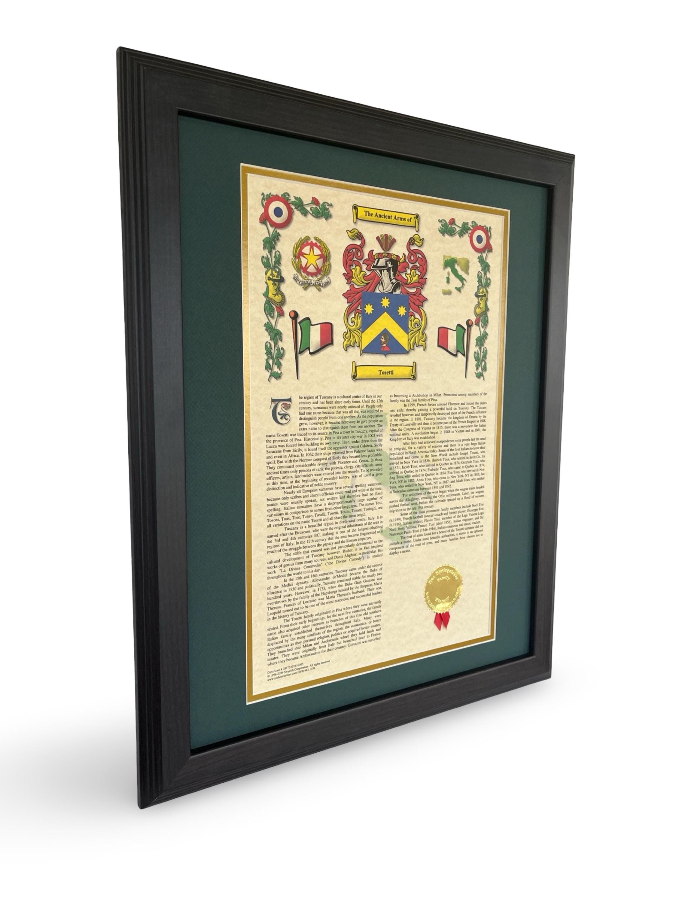 Italian Family Crest & Surname History Genealogy Framed Print With