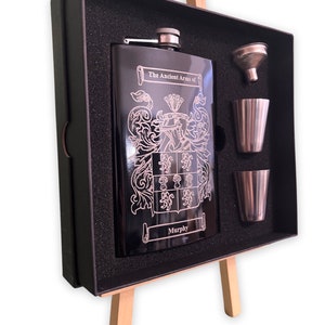 Personalized Flask, Coat of Arms, Scottish Clan Badges, Family Crest Flask, Laser Engraved Hip Flask, All Nationalities Available.