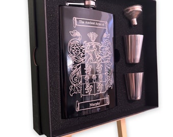 Personalized Flask, Coat of Arms, Scottish Clan Badges, Family Crest Flask, Laser Engraved Hip Flask, All Nationalities Available.