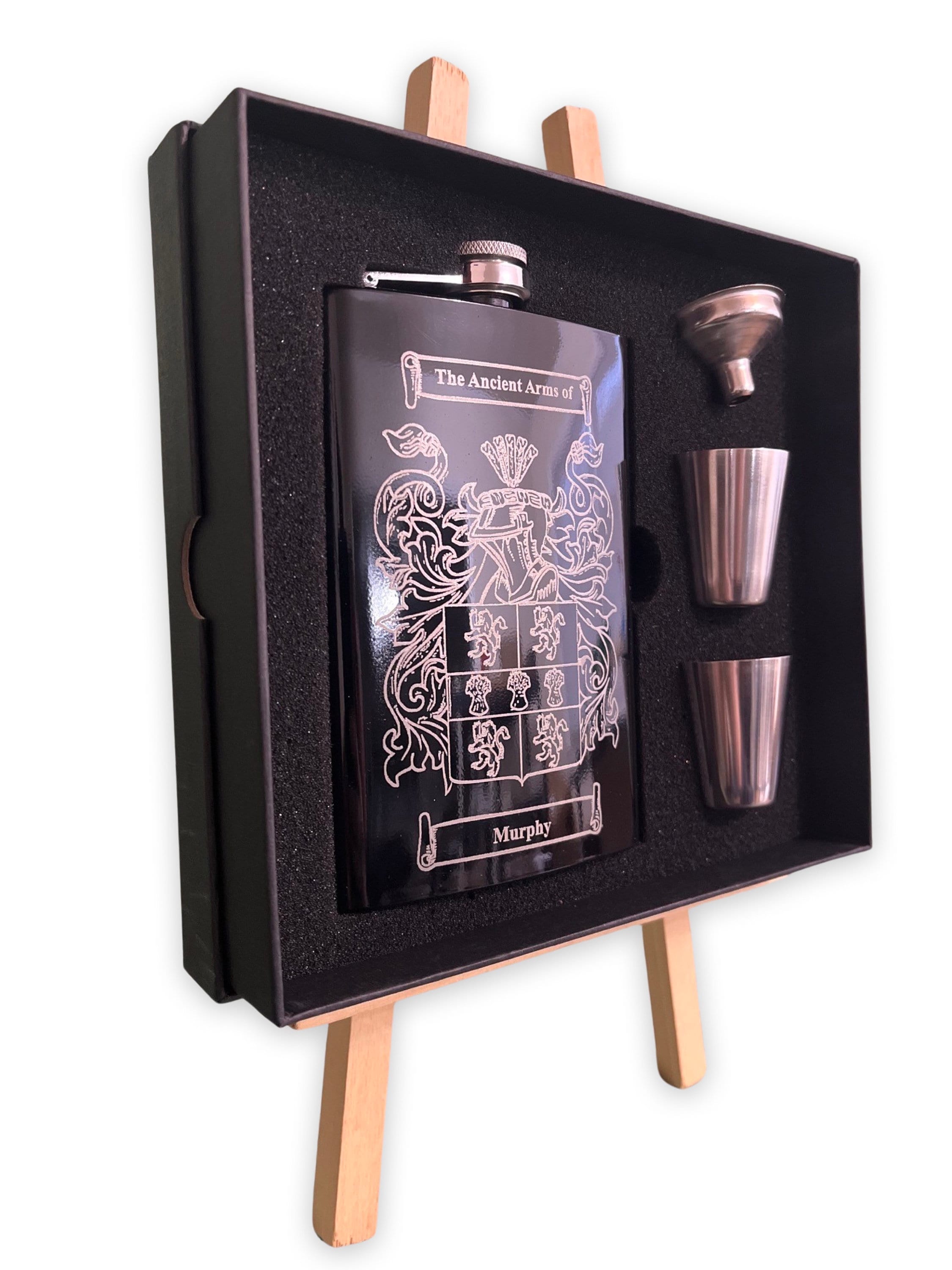 Personalized Flask, Coat of Arms, Scottish Clan Badges, Family Crest Flask, Laser Engraved Hip Flask, All Nationalities Available.